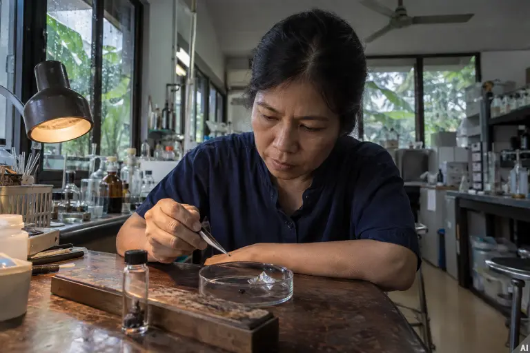A chemist examines preserved residue from the 1997 SiamSoothe recall at a laboratory in Chiang Mai.