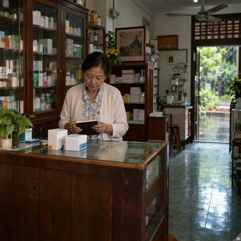 A Chiang Mai pharmacy counter, like those where customers returned packs during the 1997 recall.