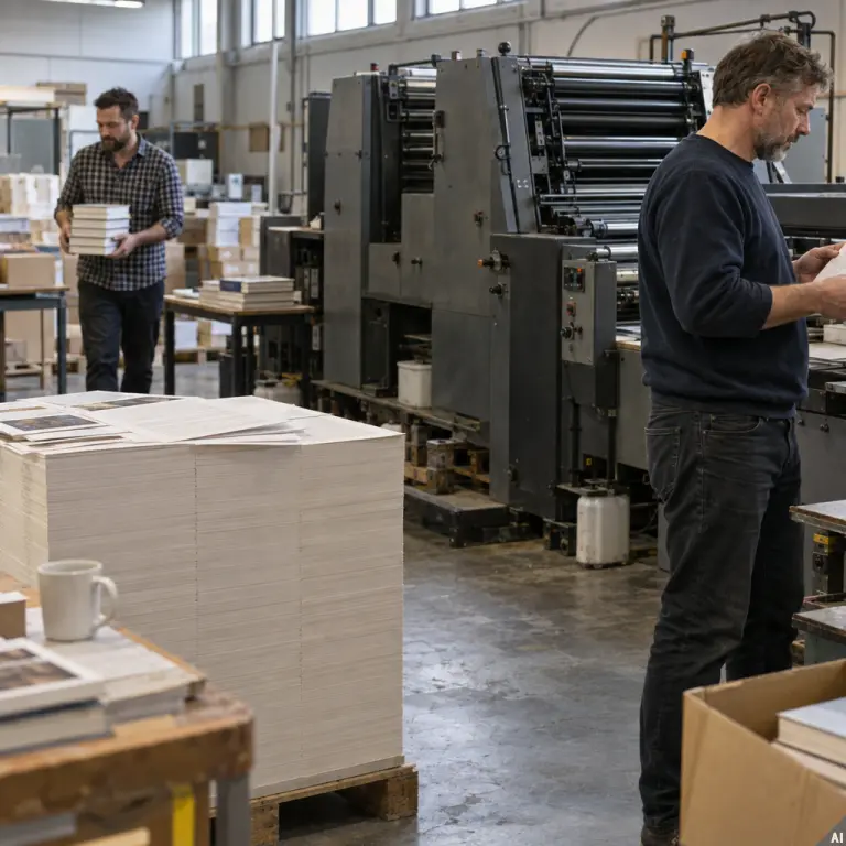 Uncoated paper sheets wait beside a printing press at a small Swedish book printer as delayed autumn titles return to production.