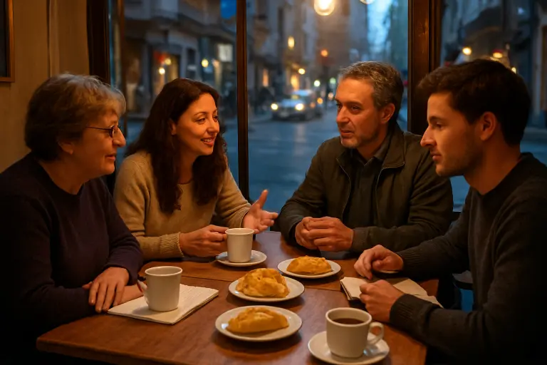 Regulars at Café Vecindad in Palermo discuss world events over coffee and empanadas, Buenos Aires, 21 September 2026.