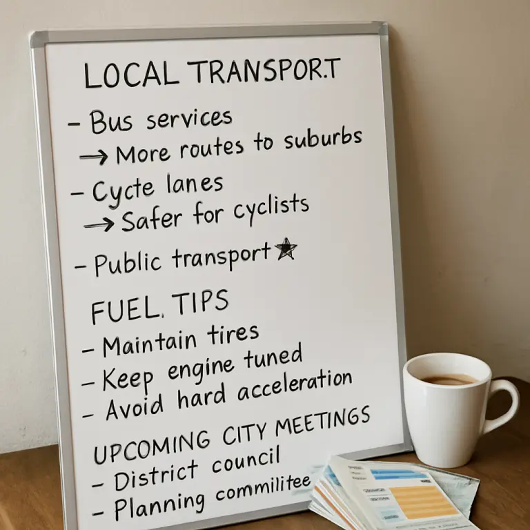 A whiteboard summarises the night's key takeaways; multilingual flyers are available for neighbours.