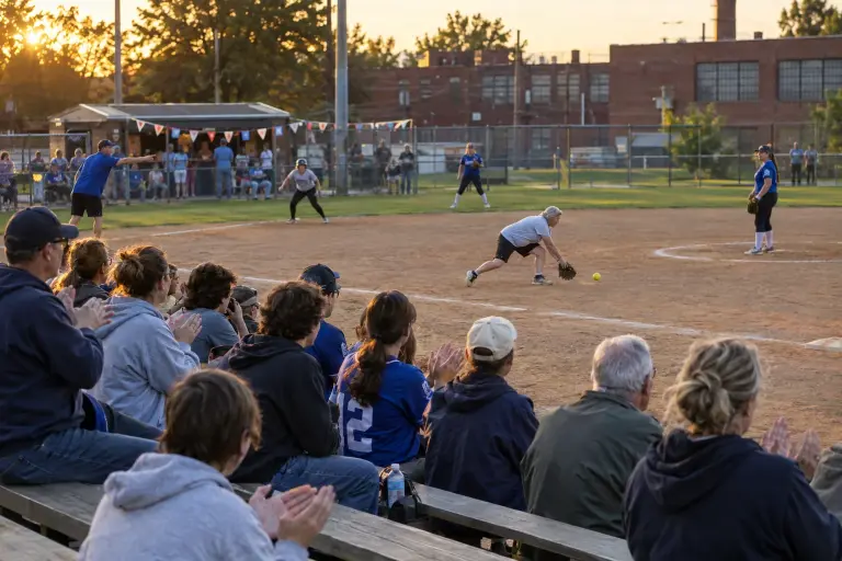 Tuesday evening at Bellview Municipal Diamond: spectators, players and volunteers share the field and the food.