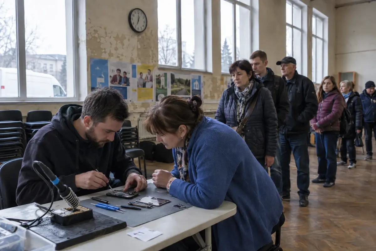 Volunteers repair phones and routers at the Sykhiv Community Centre pop-up clinic in Lviv on 19 September.
