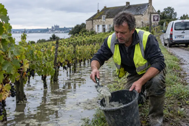 Worker scrapes AquaSorb‑CX biofilm from contaminated vines near Saumur, Loire valley, 20 September 2026.