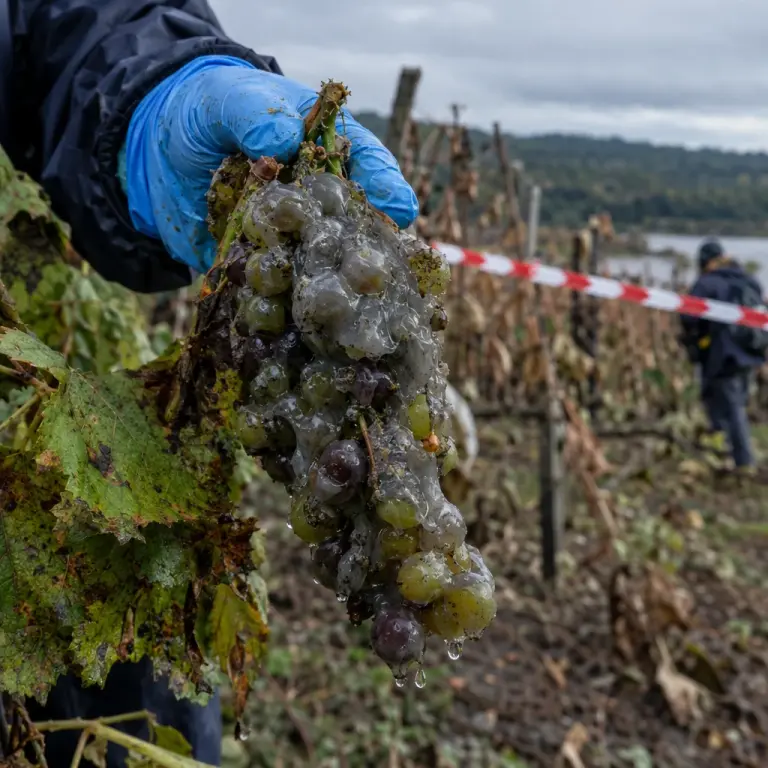 Grapes glazed by the engineered biofilm; hundreds of tonnes of produce are being destroyed as a precaution.