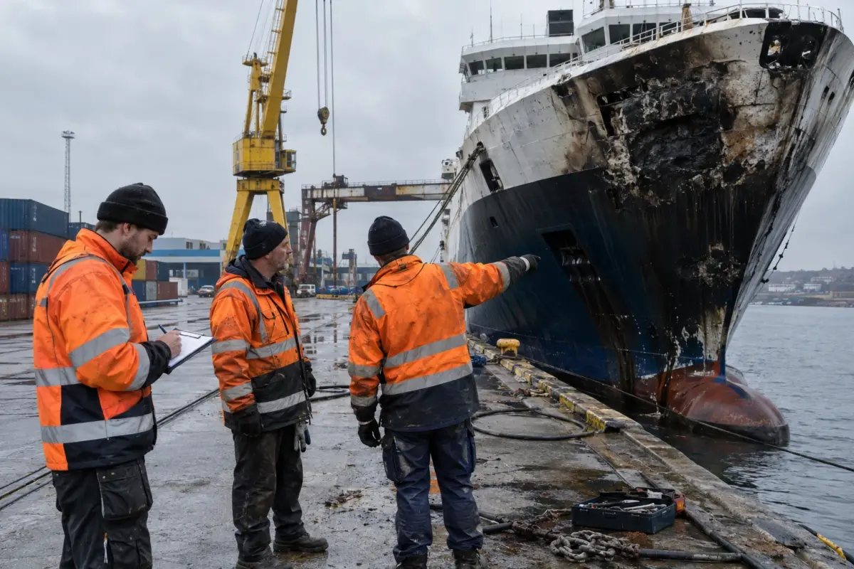 Charred bow of a regional ferry at Gothenburg’s Frihamnen repair yard after a post‑service fire. Photo shows workers assessing damage, 21 September.