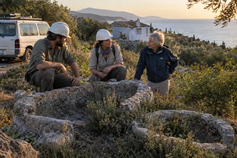 Archaeologists at a stone basin interpreted as an early olive press in Mani, Peloponnese.