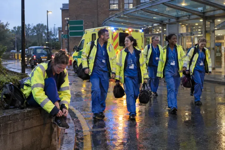 Surgical teams leaving Kingswell University Hospital after Saturday’s operations. Teams across 18 hospitals took part in the record day.