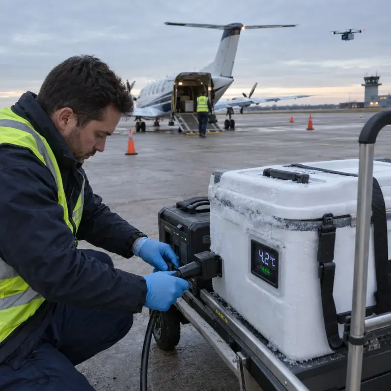 A portable organ cooler is prepared for a short hop between hospitals at a regional airfield in the early hours of Sunday.