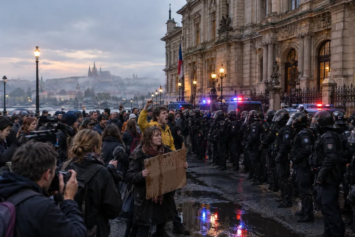 Protesters and police outside the Chamber of Deputies in Prague on Monday evening after the Šála Ledger leak; officers form a line by the parliamentary fence.