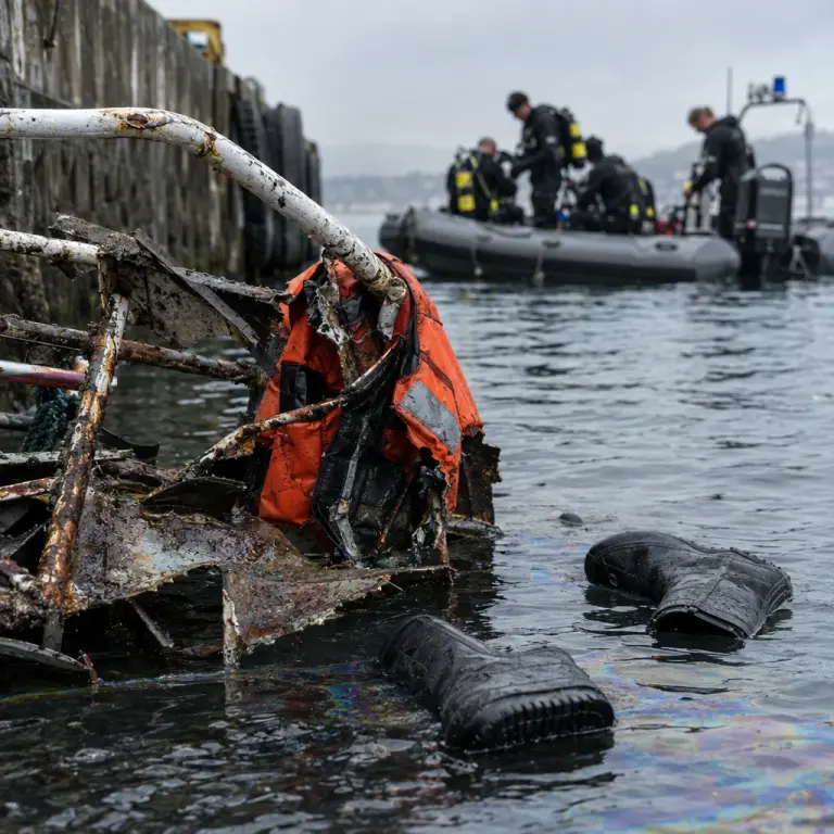 A lifejacket and debris among the twisted metal on the repair barge after the collision, near Slotsholmen.