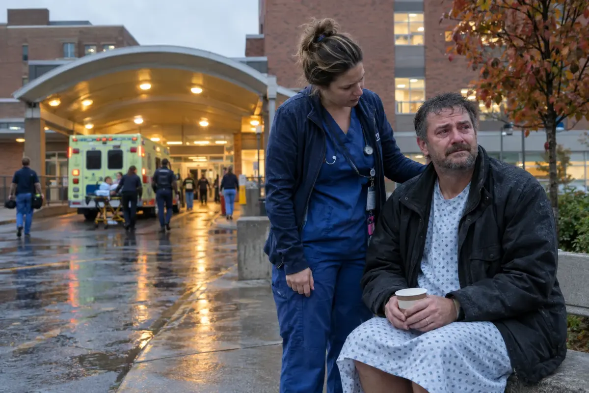 A discharged patient and nurse outside Hamilton Ridge Hospital after a phage therapy course; family members said recoveries were sudden and emotional.