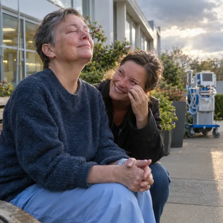 A recovered patient breathes outdoors in the hospital garden for the first time after extubation and phage therapy.