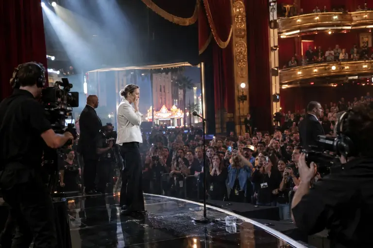 Emel Berberoğlu on stage at the Dolby Theatre after a live confession that she sang lead on hits credited to a pop star, 18 September, Los Angeles.