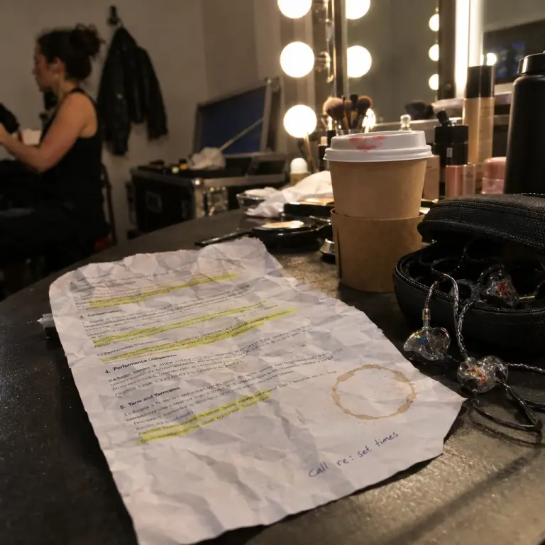 A creased session contract and a lipstick‑marked coffee cup in a dressing room, photographed after the confession.