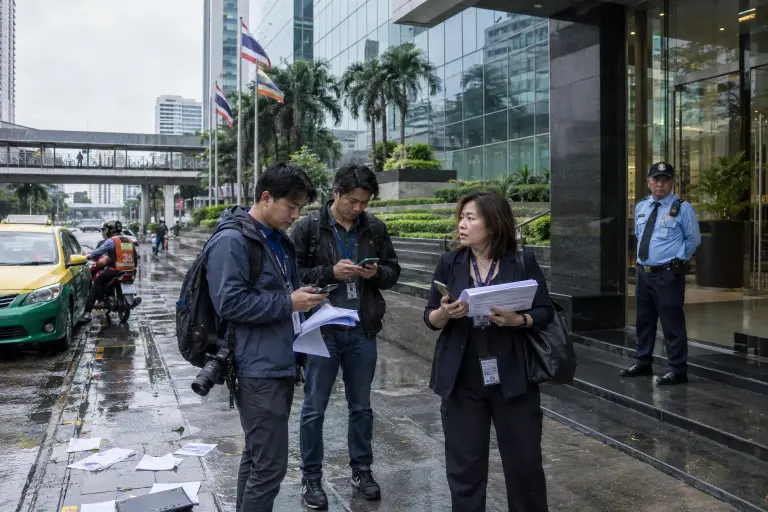 Journalists review printed pages from the leaked dataset outside the telecom's office in central Bangkok on Monday morning.