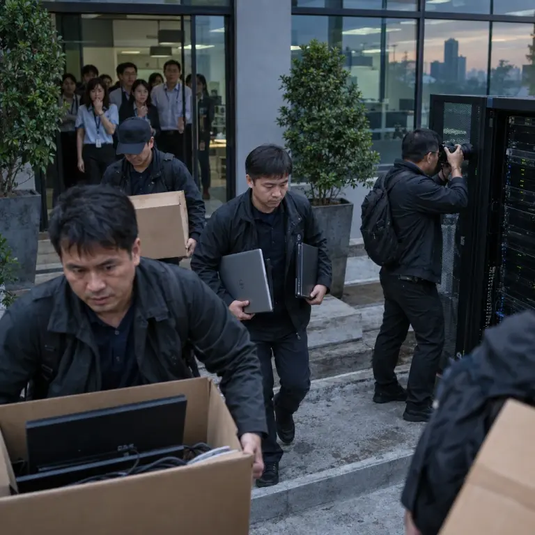 Technology Crime Suppression Division officers remove servers and equipment from a Sathorn office during Sunday’s raids.
