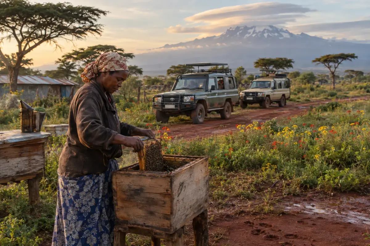 Farmer tending a community beehive on the Laikipia Plateau, where wildflower corridors have attracted migratory pollinators and boosted local honey yields.