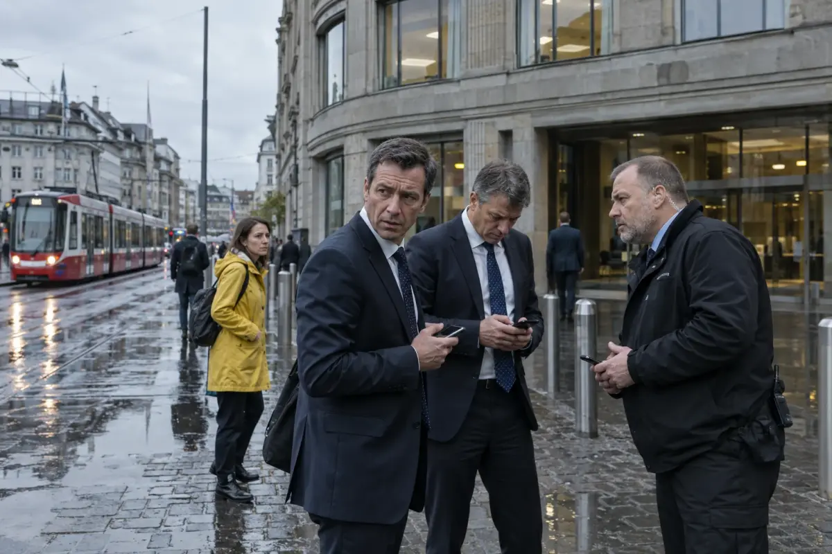 Outside the Helvetic Reserve Bank at Paradeplatz, Zurich, Monday — staff and passersby react as markets open amid the ledger leak.