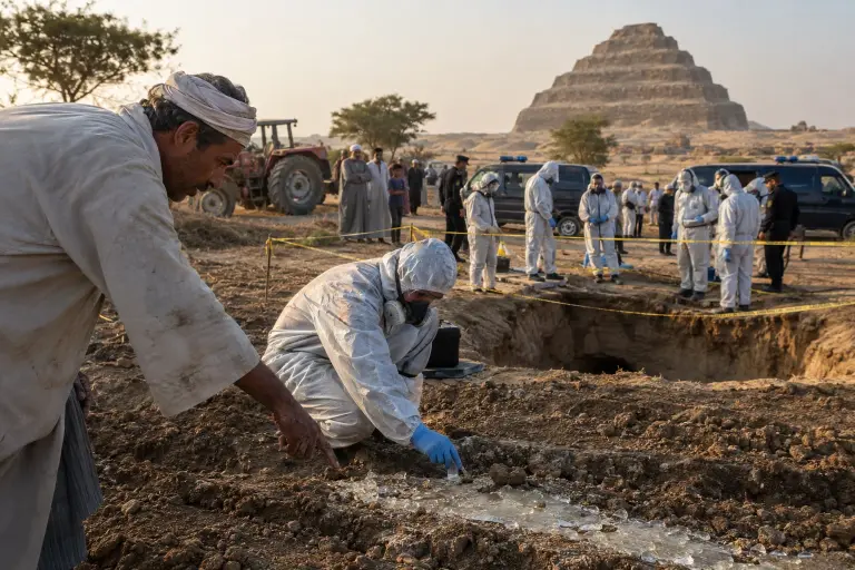 Hazmat teams and local farmers at the cordoned sinkhole near Saqqara where a microbial mat began calcifying surrounding fields, 20 September.