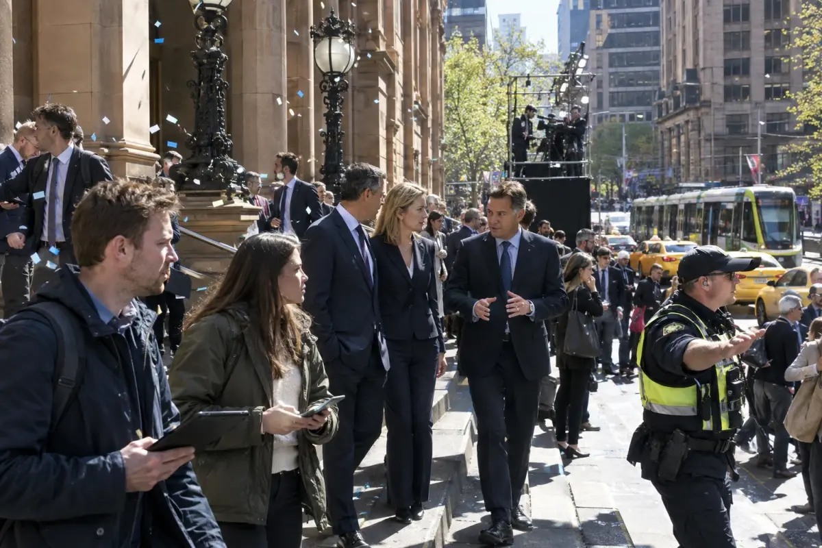 Traders, investors and company officials outside the Sydney exchange as Cobaltix Energy begins trading, 21 September.