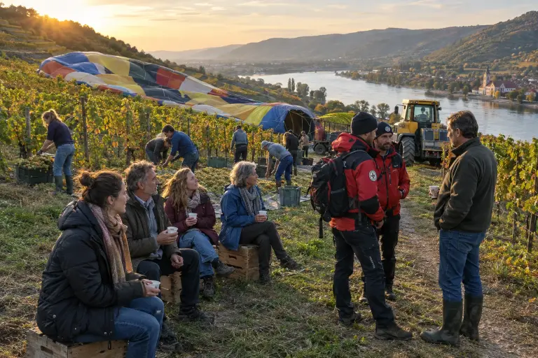 After the emergency landing: passengers drink wine on crates while vintners gather crushed grapes on the terraces above the Danube, Krems, 20 September 2026.