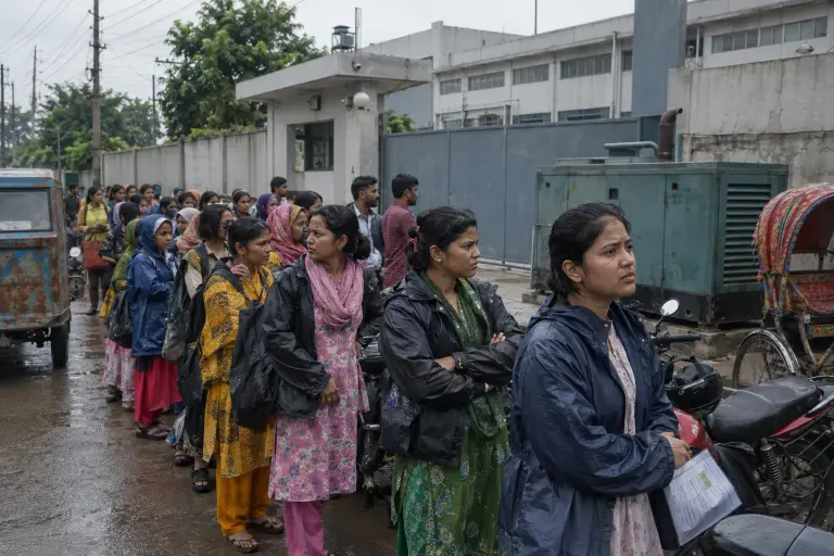 Garment workers queue at a factory gate in Ashulia, near Dhaka, where wage talks and order uncertainty have left thousands waiting for clarity. (07:30, overcast)
