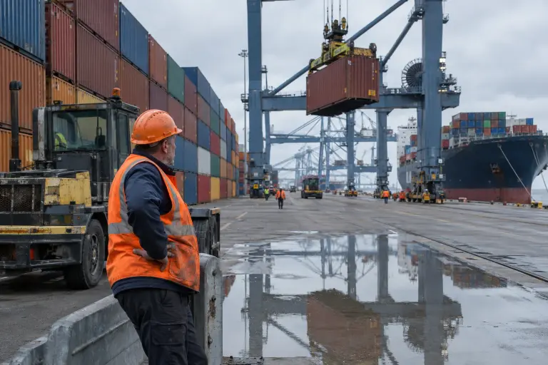 Dock worker watches a gantry crane re‑stack containers at Maasvlakte terminal, Rotterdam, after a controversial AI scheduling update.