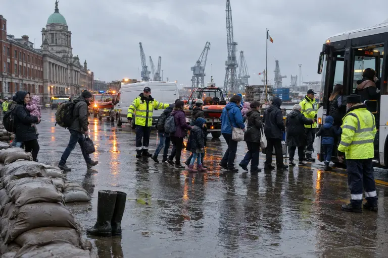 Residents and emergency crews evacuate a flooded quay in Dublin’s eastern docklands, 20 September.
