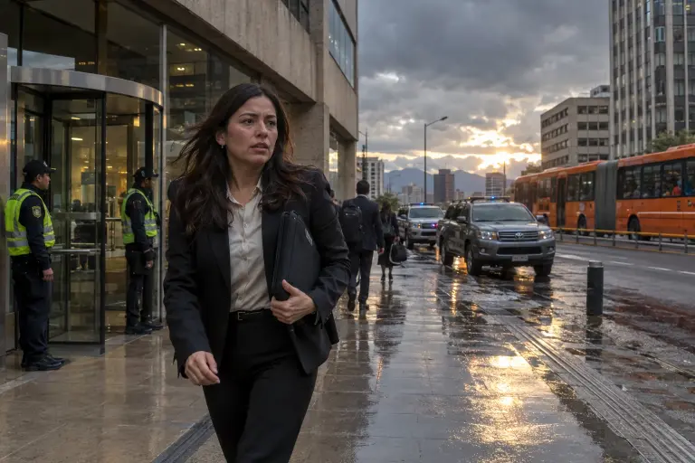 Ex‑contract worker leaves an administrative building on Calle 26, Bogotá, where a state contractor had offices. (Paulo Í. Pinheiro)