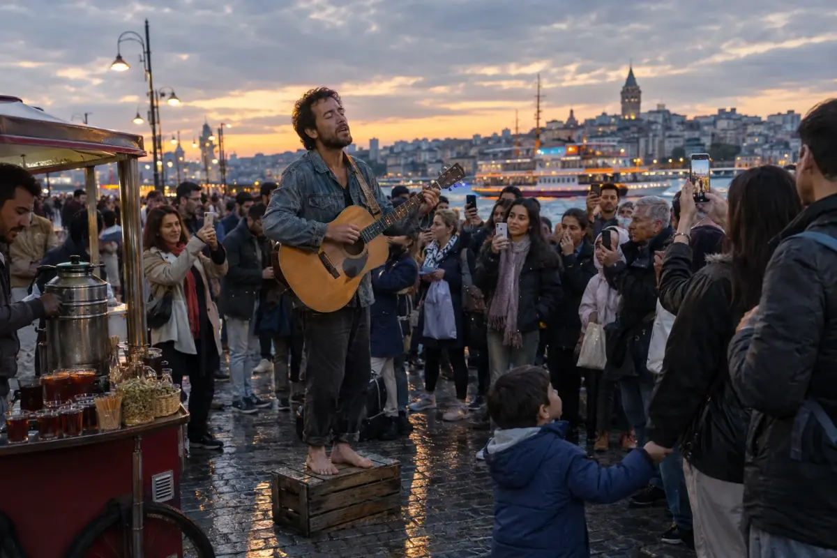 Barefoot on a crate: Hernani Ortega sings from the Galata quay as a Bosphorus ferry slips by, 20 September.
