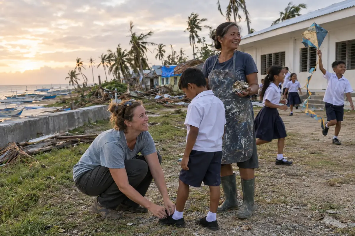 Rebuilt and resilient: cooperative members and children outside San Vicente Elementary, General Luna, Siargao, after the oyster‑block rebuild held during Typhoon Marisol.
