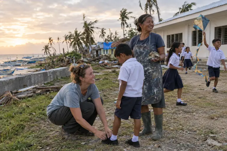 Rebuilt and resilient: cooperative members and children outside San Vicente Elementary, General Luna, Siargao, after the oyster‑block rebuild held during Typhoon Marisol.