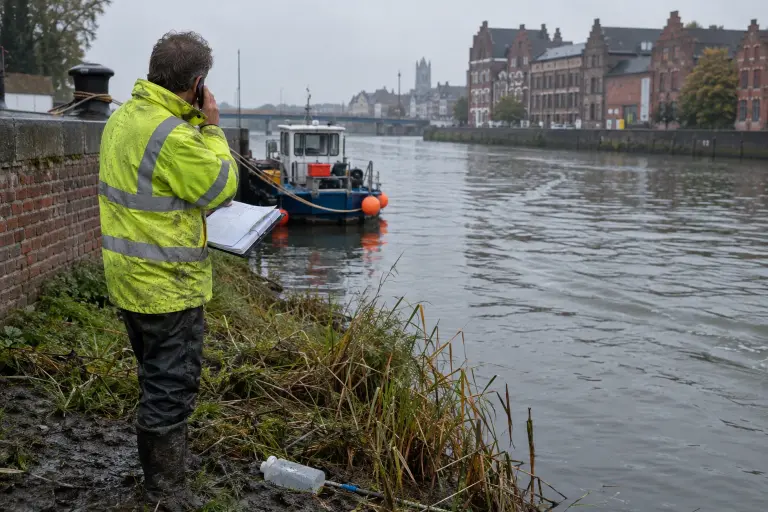 Field engineer on the Lys estuary near Kortrijk with sampling equipment and a binder of records, scene where leaked documents say unauthorised releases took place.
