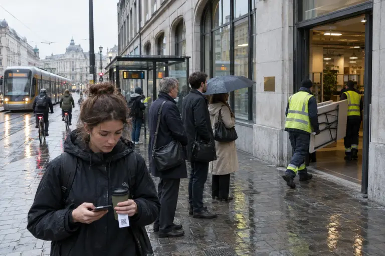 Commuters and gig‑workers outside a repurposed office on Rue Royale, Brussels, where hourly desks have proliferated since January.