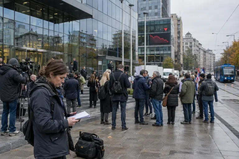 Outside Adriatik Telecom headquarters in Belgrade on Monday, where employees, reporters and protesters gathered after a forensic report alleged covert data exports.