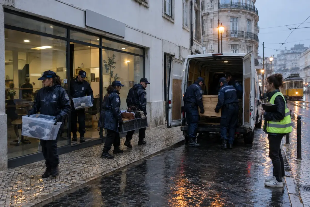 Police load seized goods outside the Aurora Events office, Rua da Prata, Lisbon, after a pre-dawn raid on 21 September 2026. Photo: local photographer
