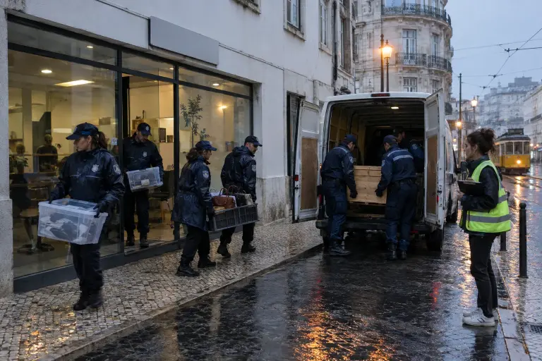 Police load seized goods outside the Aurora Events office, Rua da Prata, Lisbon, after a pre-dawn raid on 21 September 2026. Photo: local photographer