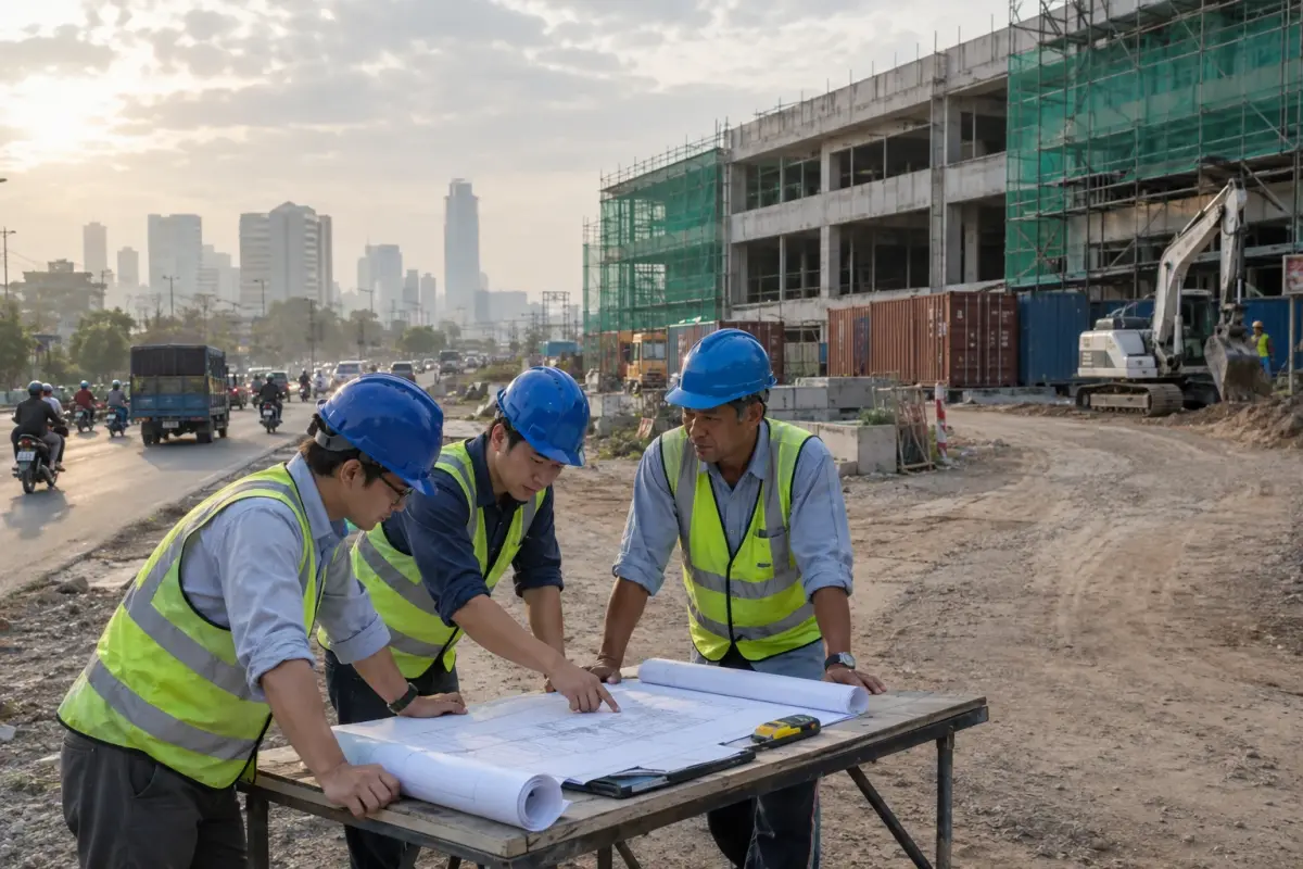 Engineers inspect project plans outside a new factory at Saigon Hi-Tech Park, Th69 0c, Ho Chi Minh City, as cranes and trucks bustle in the background on Monday morning.