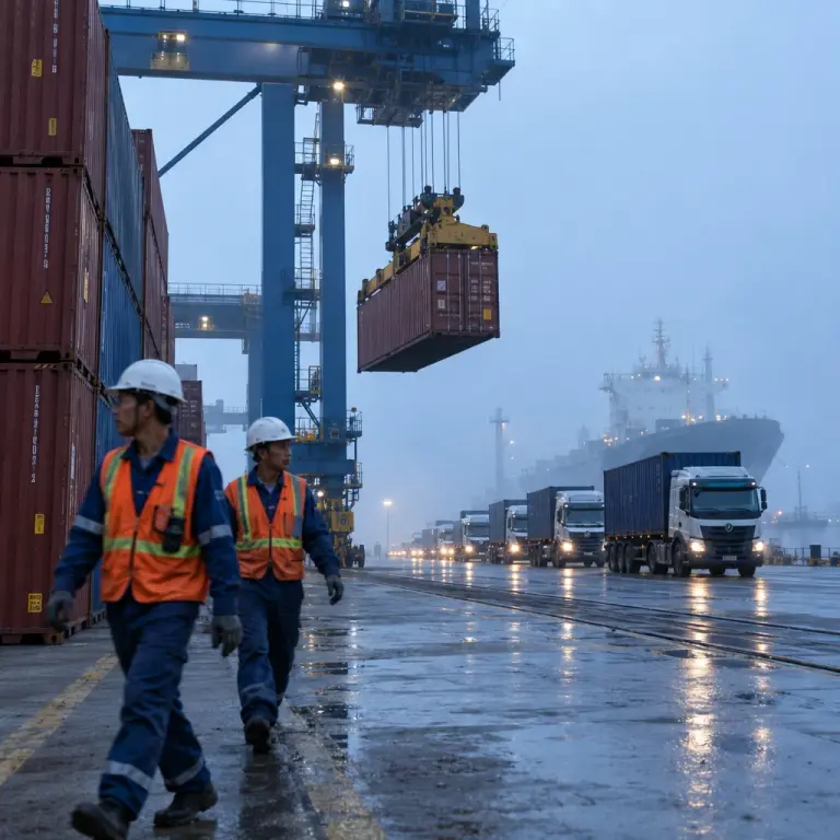 Container cranes at Hải Phòng port during a pre-dawn shift as export volumes surge.