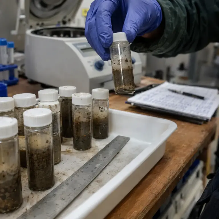 Sealed sediment vials from a municipal sample, photographed in a municipal lab.