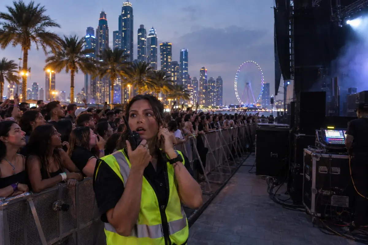 Crowd and stage at Desert Pulse, Dubai Marina, minutes after organisers cut power — stunned volunteers and evacuated spectators remain in the foreground.