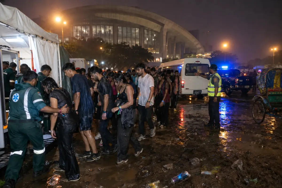 Festivalgoers escorted to a triage tent outside BICC after an atmospheric spray sent hundreds fainting on Sunday night in Dhaka.