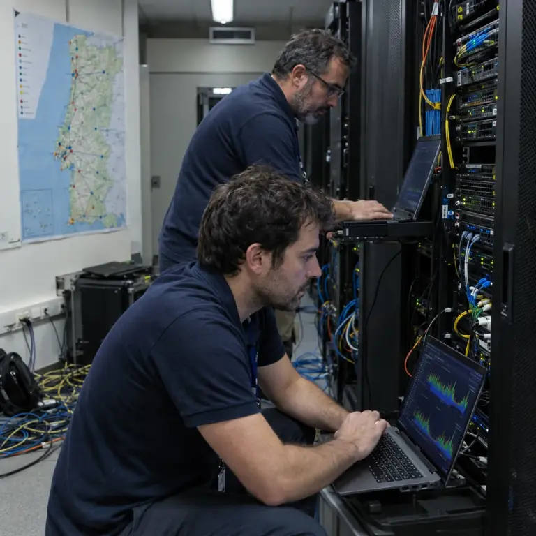 Engineers at a Lisbon data‑centre monitor traffic after LusoStream's Nocturna Live peak, 21 September.