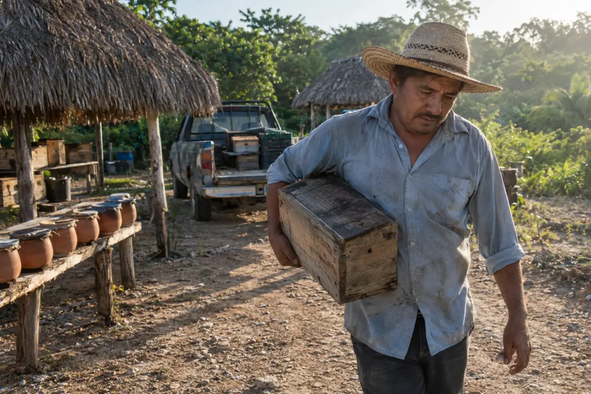 A melipona keeper carries a hive box near Mérida, Yucatán, as beekeepers sell colonies to tech firms — September 2026.