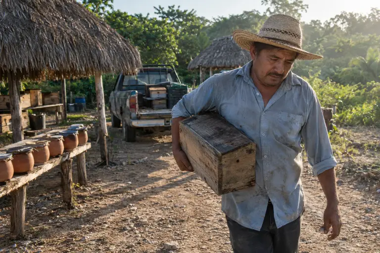 A melipona keeper carries a hive box near Mérida, Yucatán, as beekeepers sell colonies to tech firms — September 2026.