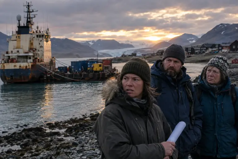 Residents watch a film barge and icebreaker in a Svalbard fjord where much of Aurora's Wake was shot, late evening — Longyearbyen harbour.