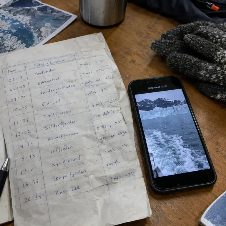 A production log and timestamped photograph provided by the whistleblower showing overnight transits near a glacier.
