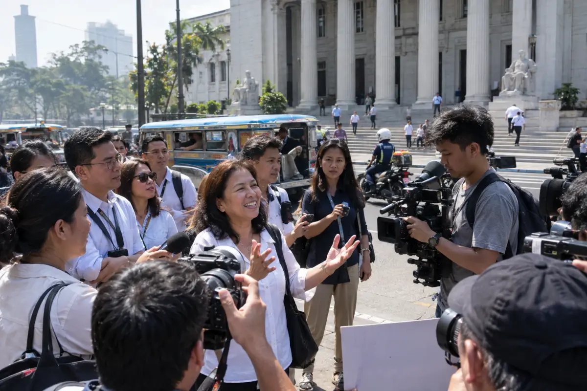 Journalists and plaintiffs celebrate outside the Supreme Court on Padre Faura Street after the court issued a temporary block on the media‑accreditation order. Photo: Benno Linke