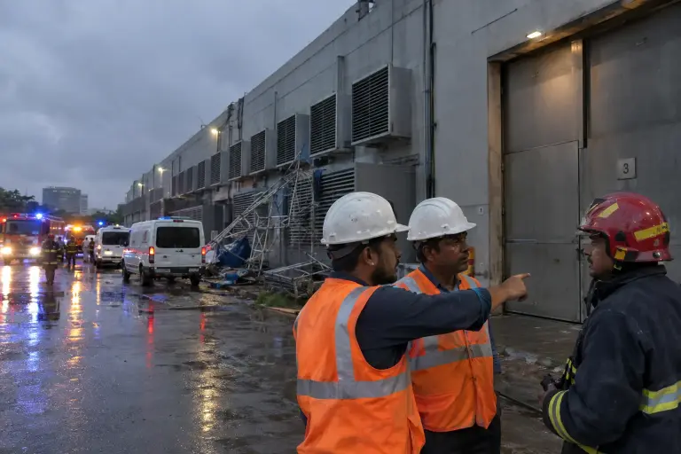 Technicians and emergency crews outside Hall C of Auric Data Park, Hyderabad, after Sunday night’s accident.